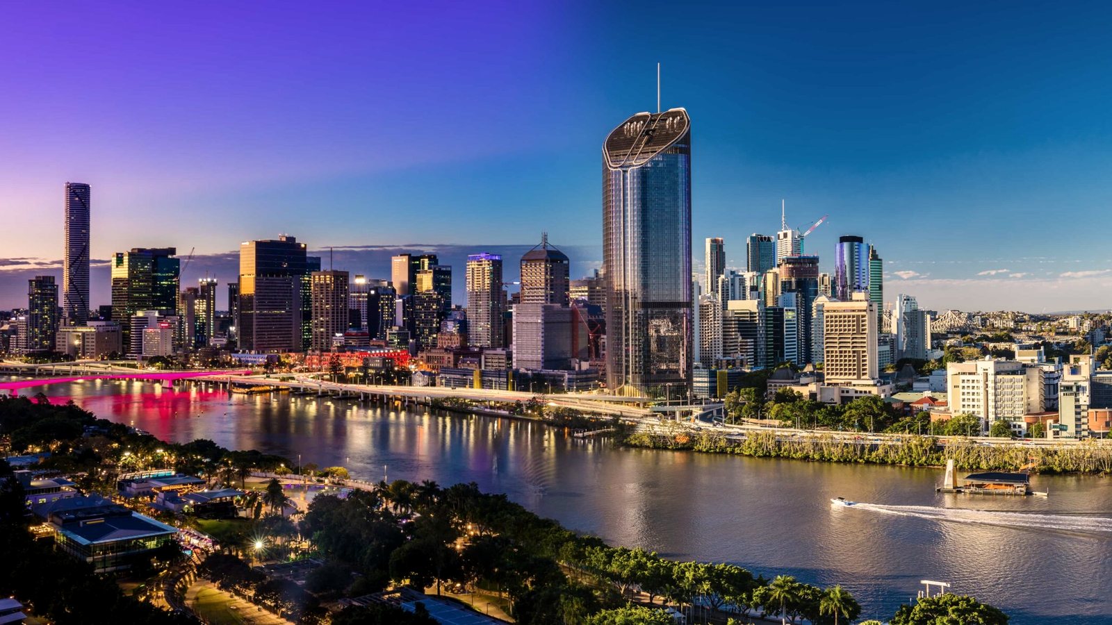 Aerial night panorama of Brisbane CBD and South Bank