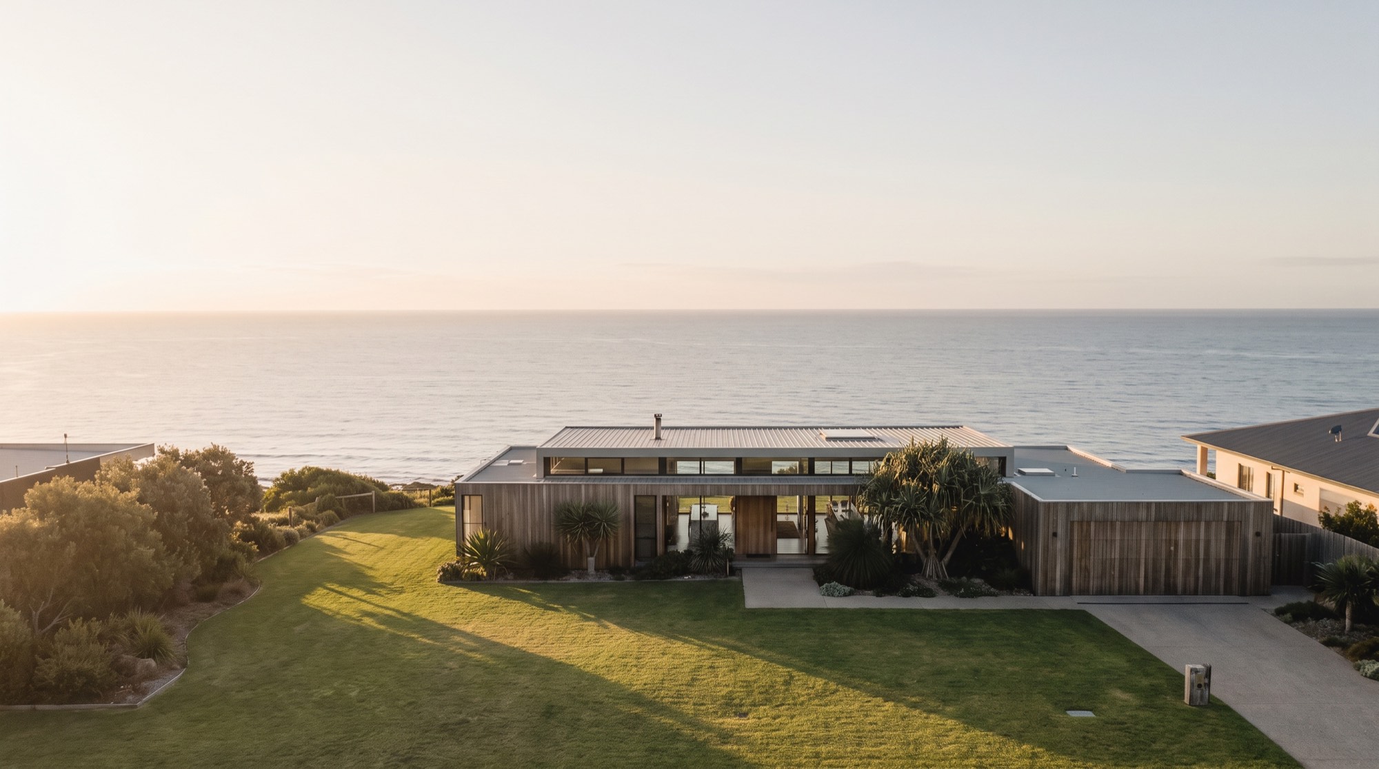 Oblique aerial photograph of an Australian property at golden hour